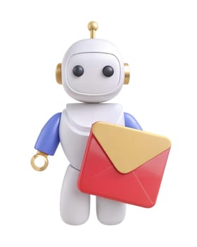 A 3D futuristic robot holding a red envelope with a golden flap, isolated on a white background. Ideal for concepts related to messages, communication, or technology.