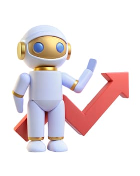 A 3D futuristic robot pointing at a red growth chart, isolated on white background. Perfect for business, technology, and progress-related themes.