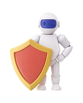 A 3D futuristic robot holding a golden-bordered red shield, isolated on a white background. Perfect for concepts related to protection, security, or defense.