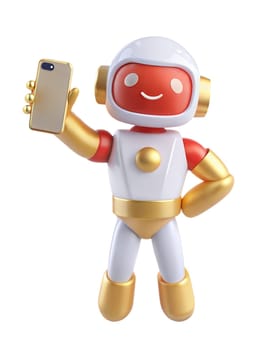 A 3D futuristic robot holding a smartphone and smiling, isolated on a white background. Perfect for technology, mobile, and robot-themed projects.