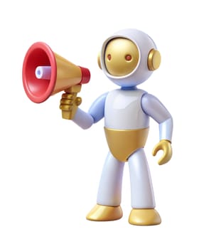 A 3D futuristic robot holding a yellow megaphone, isolated on white background. Ideal for themes related to communication, technology, and robotics.
