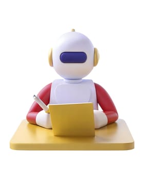 A 3D futuristic robot sitting at a yellow desk, writing in a notebook, isolated on white background. Perfect for productivity, education, and technology-themed projects.