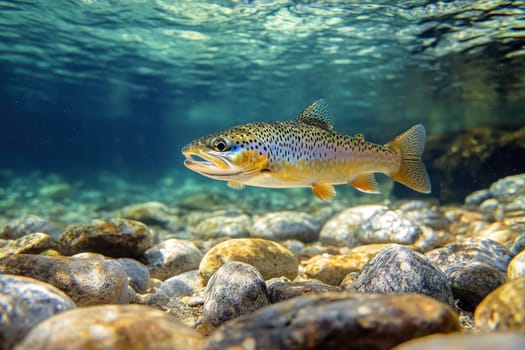A brown trout swimming underwater, surrounded by clear blue water with bubbles rising to the surface..