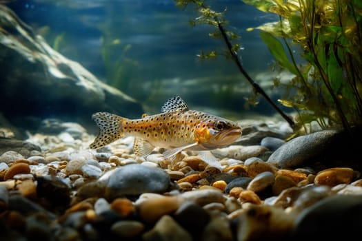 a trout swim in clear blue water with bubbles rising to the surface..