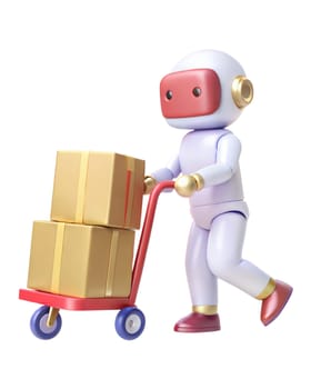 A 3D futuristic robot pushing a delivery trolley with gold boxes, isolated on white background. Ideal for logistics, technology, and business-related themes.