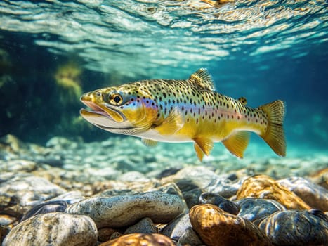 A brown trout swimming underwater, surrounded by clear blue water with bubbles rising to the surface..