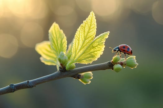 A small red ladybug crawls on young tree leaves in spring. Macro photo.