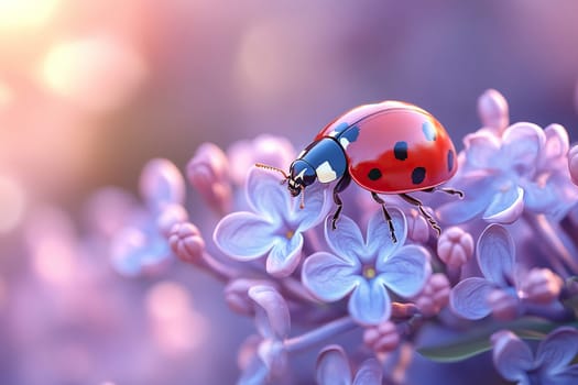 Little red ladybug in lilac flowers in spring. Macro photography.