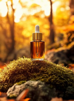 skin care essence luxury bottle with golden pipette on moss and stone, orange gradient background.