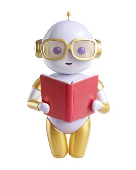 A 3D icon of futuristic robot with glasses reading a red book, isolated on white background. Ideal for education, learning, and technology themes.