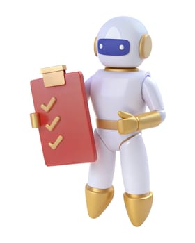 A 3D icon of futuristic robot holding a checklist with checkmarks, isolated on white background. Ideal for productivity, technology, and task management themes