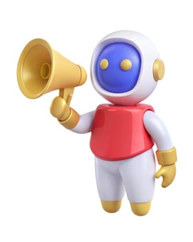 A 3D futuristic robot holding a yellow megaphone, isolated on white background. Ideal for themes related to communication, technology, and robotics.