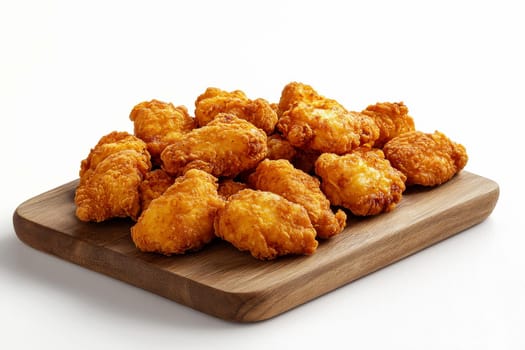 Closeup of crispy fried chicken tenders on a wooden serving board on isolated white background..