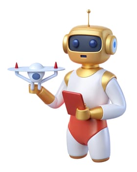 A 3D icon of futuristic robot holding a drone and smartphone, isolated on white background. Ideal for technology, robotics, and innovation themes.