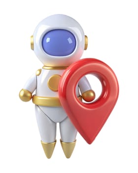 A 3D futuristic robot holding a red location pin, isolated on white background. Perfect for navigation, technology, and space-themed concepts.