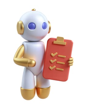 A 3D icon of futuristic robot holding a checklist with checkmarks, isolated on white background. Ideal for productivity, technology, and task management themes