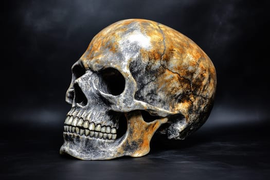 A detailed close up view of a human skull placed on a isolated dark background. High quality illustration
