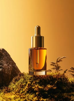 a luxury bottle with golden pipette on moss and stone, orange gradient background..