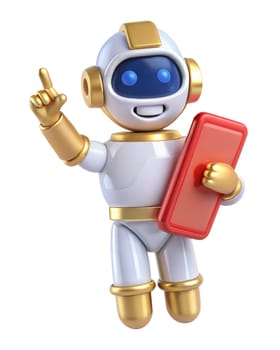 A 3D futuristic robot holding a smartphone and pointing upwards, isolated on a white background. Perfect for tech, robotics, and innovation-themed projects.