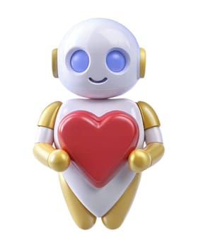 A 3D futuristic robot with a heart symbol on its chest, isolated on white background. Ideal for love, technology, and character-themed projects.