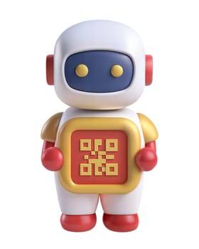 A 3D futuristic robot holding a yellow QR code on its chest, isolated on white background. Perfect for technology, innovation, and digital marketing themes.