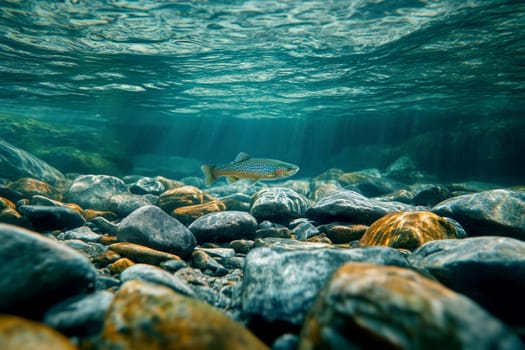 Young Trout Fish Swimming in Clear River Stream with Rocky Bed in Northern Natural Habitat Underwater Photography, national geographic shot --ar 3:2 --v 6.1 Job ID: 0dd481db-41d2-48f7-b596-146d8ac73dad