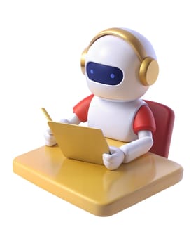 A 3D futuristic robot sitting at a yellow desk, writing in a notebook, isolated on white background. Perfect for productivity, education, and technology-themed projects.