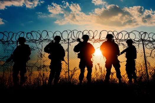 Silhouetted Figures of Soldiers Against Barbed Wire Fence..