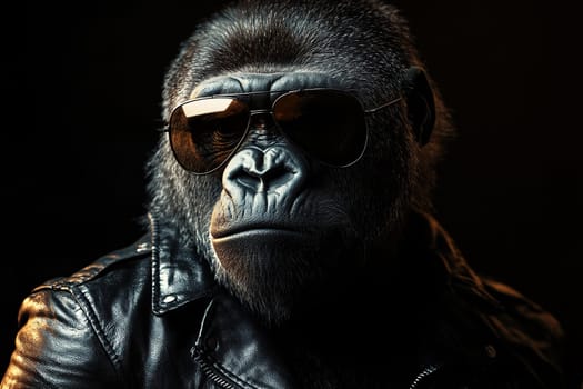 Gorilla in black sunglasses and leather jacket on black background.
