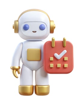 A 3D robot character holding a calendar with a check mark, representing task completion or scheduling, isolated on a white background. Perfect for time management, productivity
