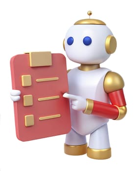 A 3D icon of futuristic robot holding a checklist with checkmarks, isolated on white background. Ideal for productivity, technology, and task management themes