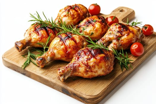 Grilled chicken with rosemary and grilled vegetables on isolated white background..