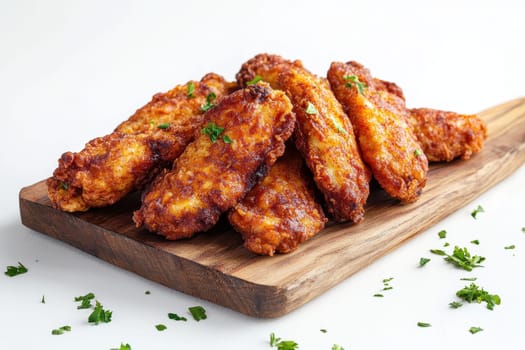 Closeup of crispy fried chicken tenders on a wooden serving board on isolated white background..