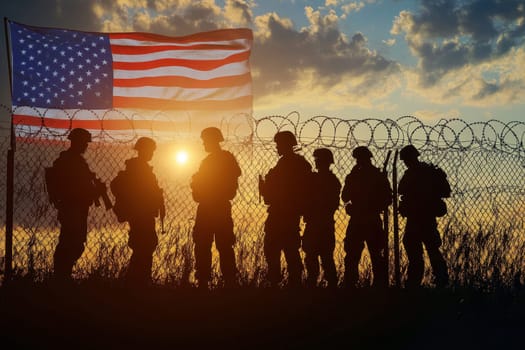 Veterans Day honor with silhouetted soldiers saluting the American flag..