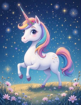 A beautiful unicorn in a starry night sky with rainbow hair and flowers