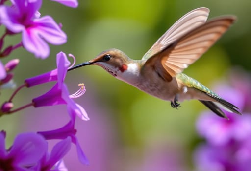 Hummingbird feeding on purple flowers, a beautiful moment in nature