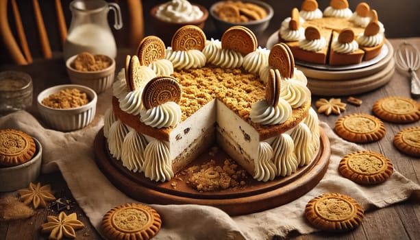 A beautifully decorated oatmeal creme pie cake sits on a marble stand, topped with swirls of whipped cream and oatmeal cookie pieces. The golden crumbs at the base add texture, and the rustic backdrop includes extra oatmeal cookies and cozy fabrics.