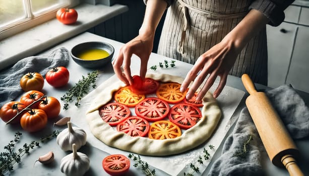 A wide-angle view of a dining table set with a tomato galette as the centerpiece. The scene, bathed in warm natural light, showcases a rustic table with plates, forks, fresh basil, and heirloom tomatoes, creating a welcoming and cozy atmosphere for a homemade meal.