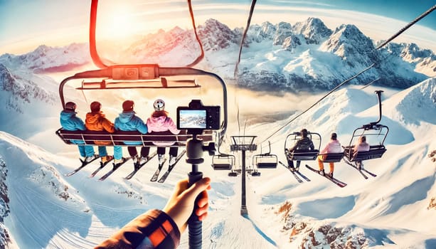 A group of four skiers is seated on a high-altitude chairlift, surrounded by breathtaking snow-covered mountains. Clear blue skies and distant peaks set the backdrop, creating a serene yet adventurous winter setting. Each skier is bundled in winter gear, ready for an exciting day on the slopes.