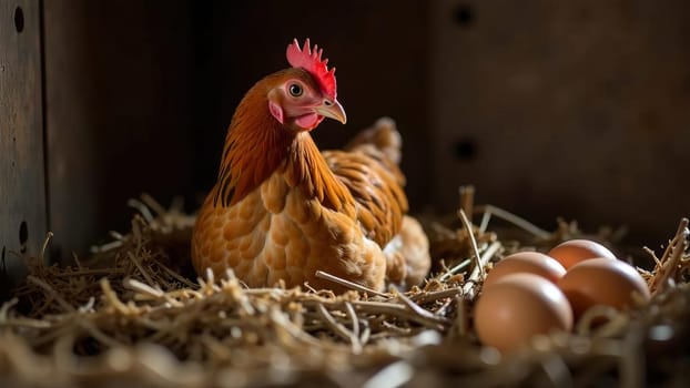 Hen sitting in the nest in a barn, surrounded by freshly eggs in Natural rustic farm. A classic farm life scene.