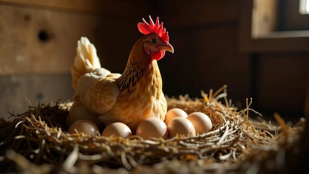 Hen sitting in the nest in a barn, surrounded by freshly eggs in Natural rustic farm. A classic farm life scene.