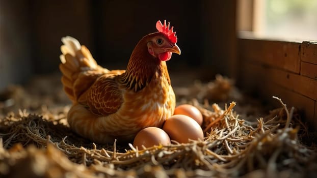 Hen sitting in the nest in a barn, surrounded by freshly eggs in Natural rustic farm. A classic farm life scene.