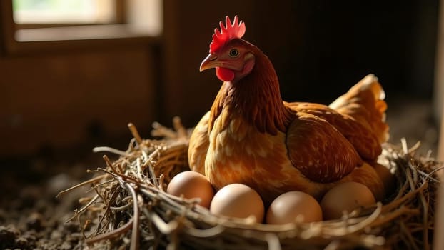Hen sitting in the nest in a barn, surrounded by freshly eggs in Natural rustic farm. A classic farm life scene.