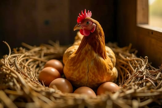 Hen sitting in the nest in a barn, surrounded by freshly eggs in Natural rustic farm. A classic farm life scene.