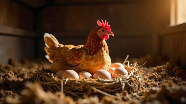 Hen sitting in the nest in a barn, surrounded by freshly eggs in Natural rustic farm. A classic farm life scene.