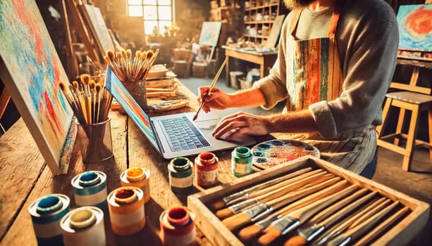 A painter in a sunlit studio mixes colors on a palette while referencing a laptop displaying digital artwork. The workspace is filled with brushes, paint supplies, and canvases, creating a fusion of modern technology and traditional craftsmanship.