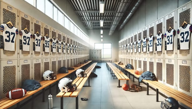 Bright and simple gym locker room for kids' American football team after a game, viewed from a distinct perspective. Light-colored metal lockers, wooden benches, light tile flooring, and neutral-toned walls. Scattered football gear, water bottles, and towels create a lively post-game atmosphere with camaraderie lingering.