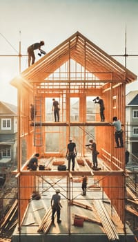 A group of construction workers are actively assembling the wooden frame of a house. The workers are balancing on beams, using nail guns to secure wood while others are aligning vertical posts. Nearby homes and a fence form the background.