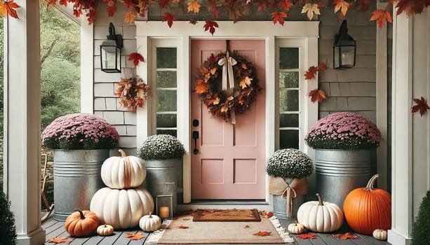 A welcoming porch features a soft pink door adorned with autumn garlands, wreaths, and stacked pumpkins tied with elegant ribbons. Galvanized metal planters hold seasonal flowers, creating a cozy fall atmosphere.