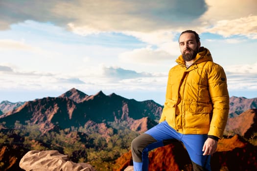 Portrait of explorer alone at the edge of a towering mountain range, gazing at the clouds and stunning panoramic scenery. Pleased hiker showcasing personal growth and perseverance.